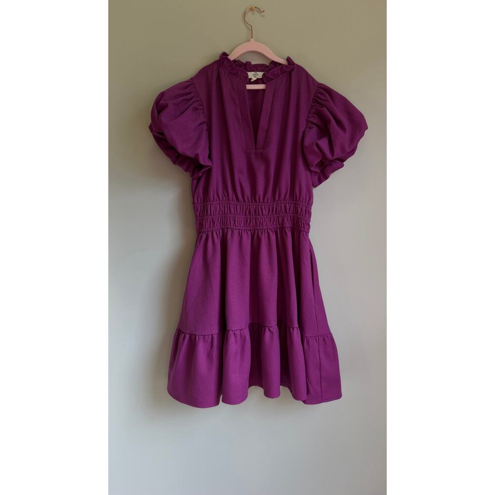 Entro Women’s Purple Puff Sleeve Smocked Mini Dress Size S Tiered V-Neck - Picture 3 of 11